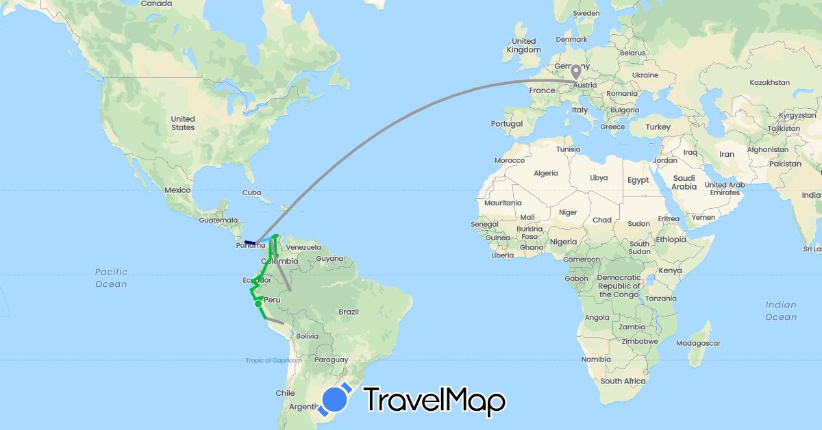 TravelMap itinerary: driving, bus, plane, hiking, boat in Brazil, Colombia, Germany, Ecuador, Panama, Peru (Europe, North America, South America)